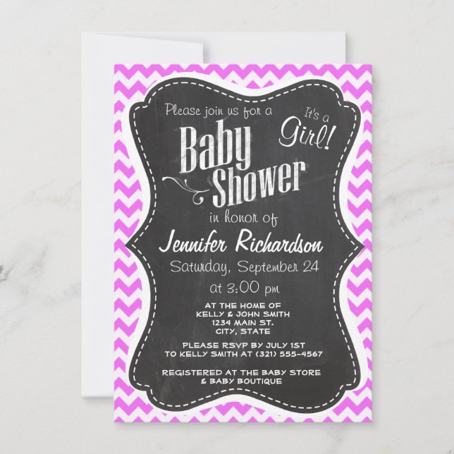 Invitation Fuchsia Pink Chevron Stripes; Chalkboard look (Devant)