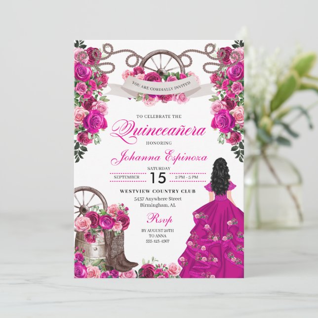 Invitation Fuchsia Pink Cowgirl Western Charro Quinceanera (Debout devant)