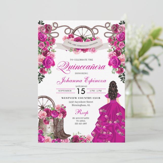 Invitation Fuchsia Pink Cowgirl Western Charro Quinceanera (Debout devant)