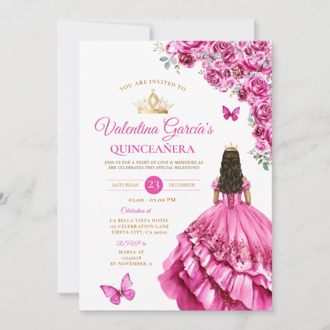 Invitation Fuchsia Pink Dress Quinceañera 15 Anos Floral Gold (Devant)