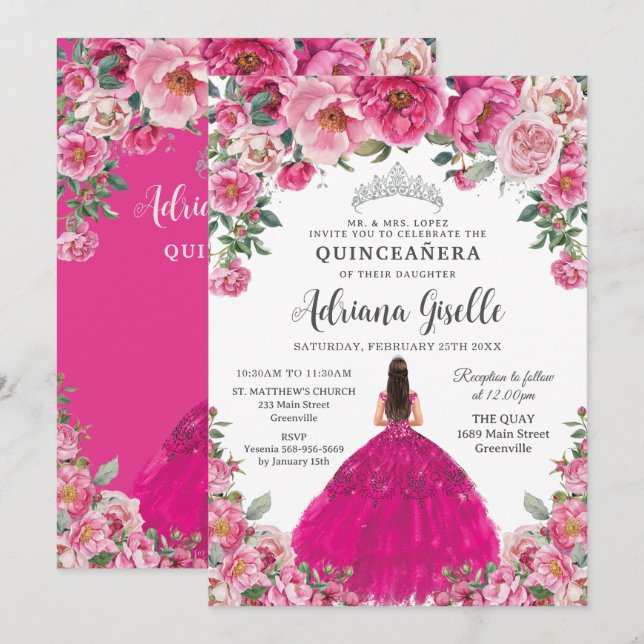 Invitation Fuchsia Pink Floral Silver Quinceanera XV Sweet 16 (Devant / Derrière)