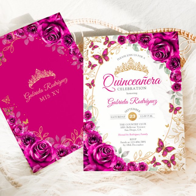 Invitation Fuchsia Pink Gold Floral Quinceanera (Créateur téléchargé)