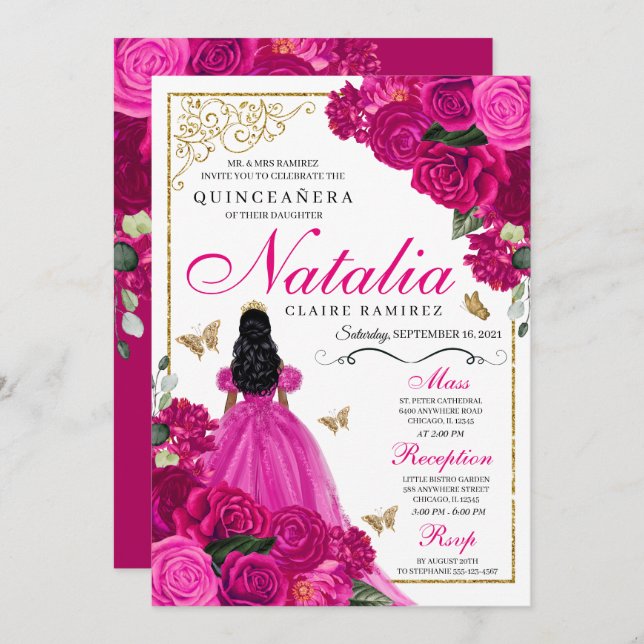 Invitation Fuchsia Pink Gold Princess Butterflies Quinceañera (Devant / Derrière)