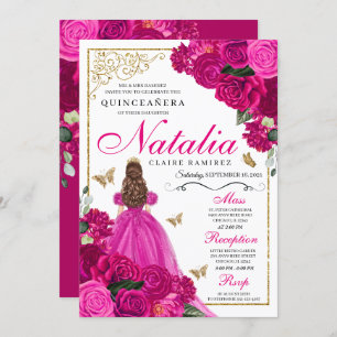 Invitation Fuchsia Pink Gold Princess Butterflies Quinceañera