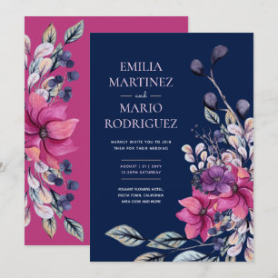 Invitation Fuchsia Pink Navy Blue Floral Mariage Budget