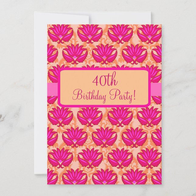 Invitation Fuchsia Pink Orange Damask 40e anniversaire (Devant)