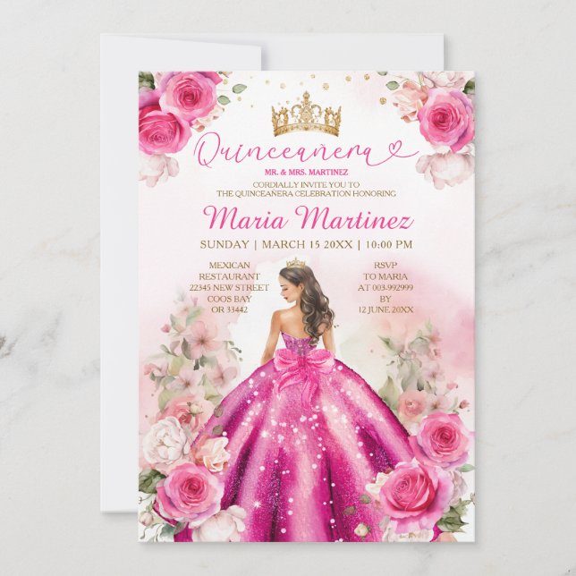 Invitation Fuchsia Pink Princess Floral Gold Quinceañera (Devant)