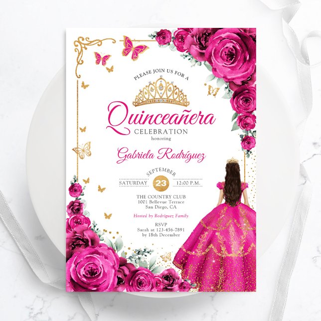 Invitation Fuchsia Pink Roses Gold Quinceanera Elegant Chic (Créateur téléchargé)