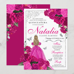 Invitation Fuchsia Pink Silver Princess Butterfly Quinceañera
