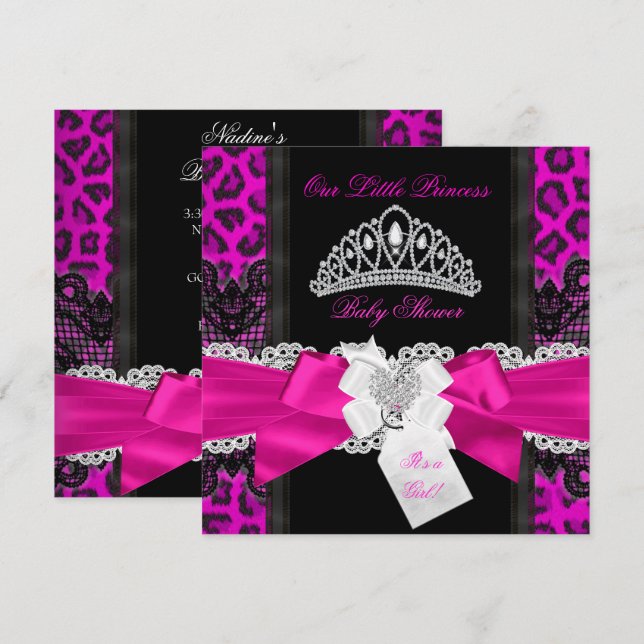 Invitation Fuchsia Princess Baby Shower Fille Léopard 2 (Devant / Derrière)