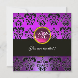 Invitation FUCHSIA PURPLE NOIR DAMASK MONOGRAM, améthyste ros