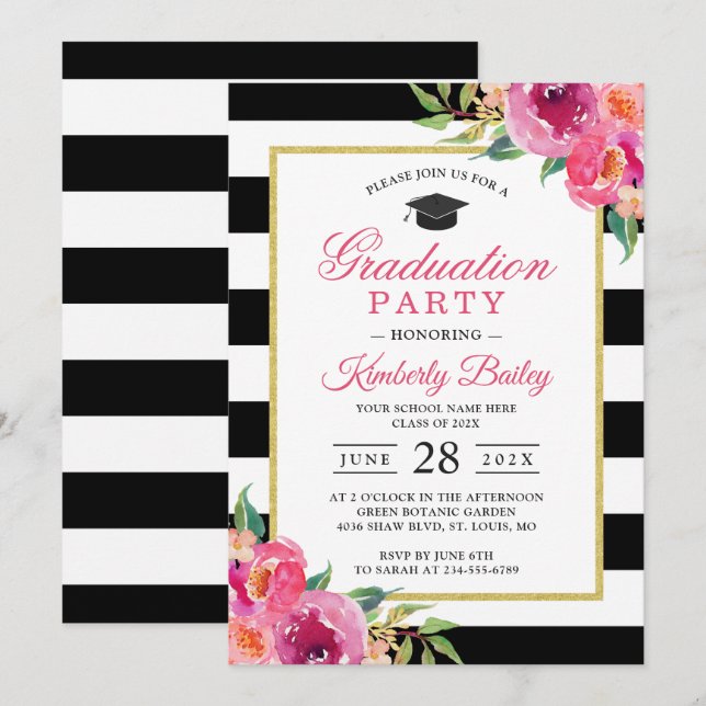 Invitation Fuchsia Purple Red Floral Stripes Graduation Party (Devant / Derrière)