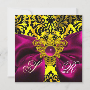 INVITATION FUCHSIA RIBBON GOLD CELTIC HEART DAMASK MONOGRAS