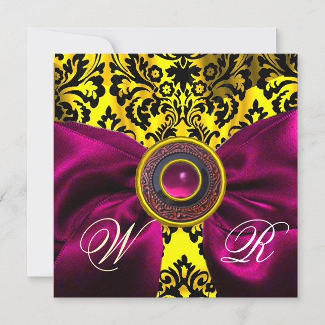 INVITATION FUCHSIA RIBBON OR JAUNE BLACK DAMASK MONOGRAM (Devant)