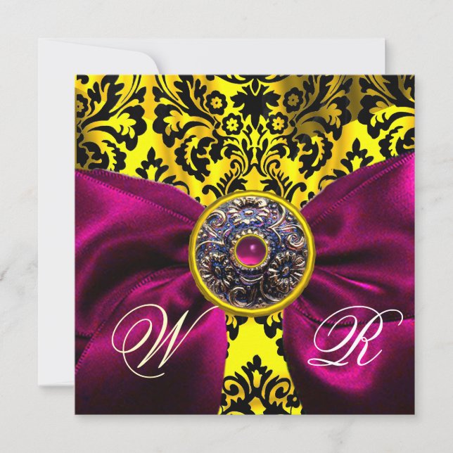 INVITATION FUCHSIA RIBBON OR JAUNE BLACK DAMASK MONOGRAM (Devant)