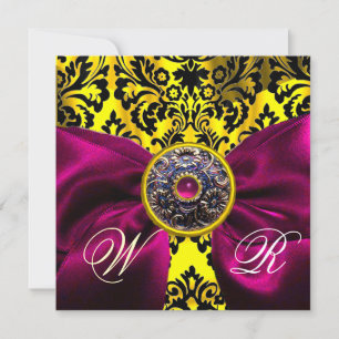 INVITATION FUCHSIA RIBBON OR JAUNE BLACK DAMASK MONOGRAM