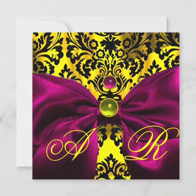 INVITATION FUCHSIA RIBBON OR JAUNE BLACK DAMASK MONOGRAM (Devant)