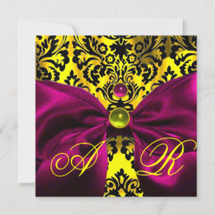 INVITATION FUCHSIA RIBBON OR JAUNE BLACK DAMASK MONOGRAM