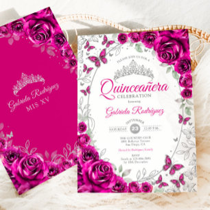 Invitation Fuchsia Rose Argent Floral Quinceanera