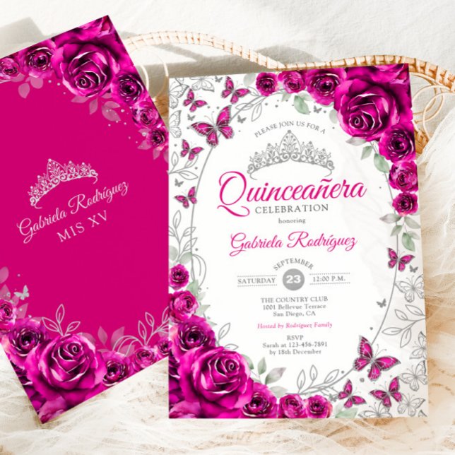 Invitation Fuchsia Rose Argent Floral Quinceanera (Créateur téléchargé)