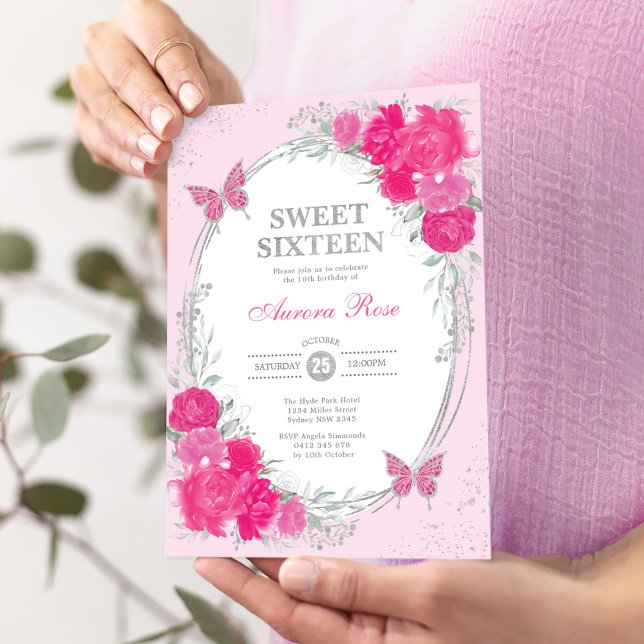 Invitation Fuchsia Rose Argent Sweet Seize 16e Anniversaire (Créateur téléchargé)
