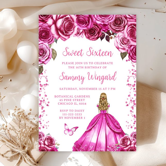 Invitation Fuchsia Rose Blonde Cheveux Princesse Sweet Seize (Créateur téléchargé)