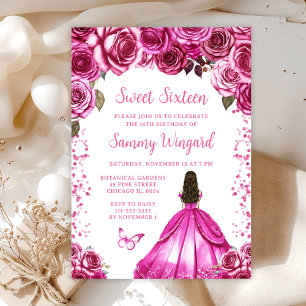 Invitation Fuchsia Rose Brun Cheveux Princesse Sweet Sixteen