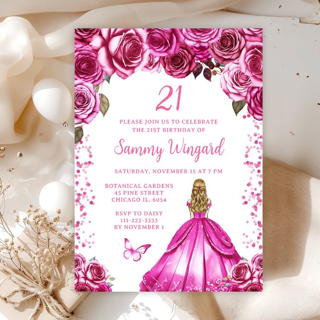 Invitation Fuchsia Rose Cheveux Blonds Princesse Fête d'anniv (Créateur téléchargé)