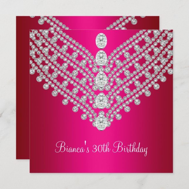 Invitation Fuchsia Rose Diamant Bijou 30e Anniversaire (Devant / Derrière)