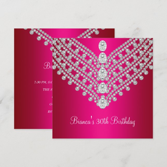 Invitation Fuchsia Rose Diamant Blanc Joyau 30e Anniversaire (Devant / Derrière)