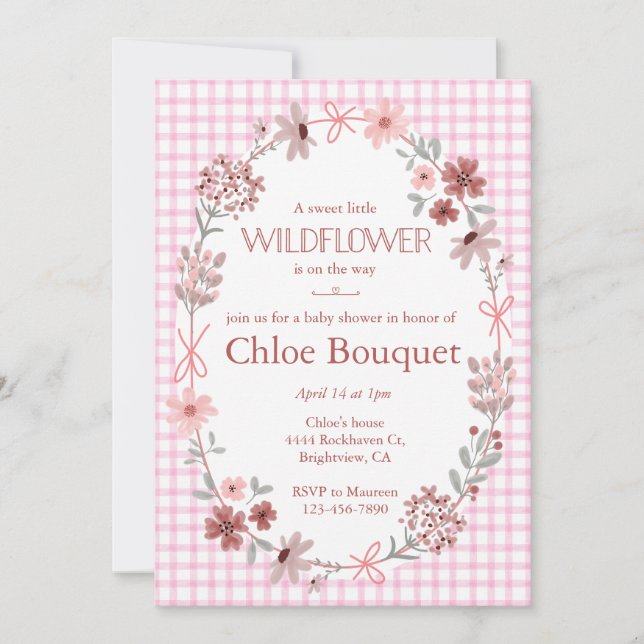 Invitation Fuchsia Rose Fleur Sauvage Gingham Baby Shower 009 (Devant)