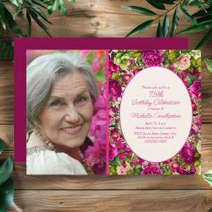 Invitation Fuchsia Rose Floral 75e Anniversaire Photo