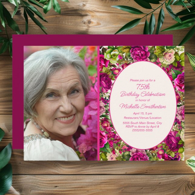 Invitation Fuchsia Rose Floral 75e Anniversaire Photo (Fuchsia/pink 75th birthday party photo invitation)