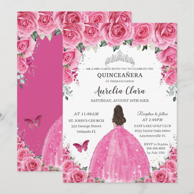 Invitation Fuchsia rose Floral Argent Quinceañera Princesse X (Devant / Derrière)