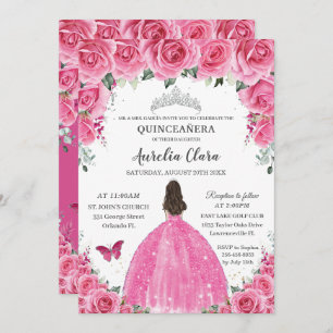 Invitation Fuchsia rose Floral Argent Quinceañera Princesse X