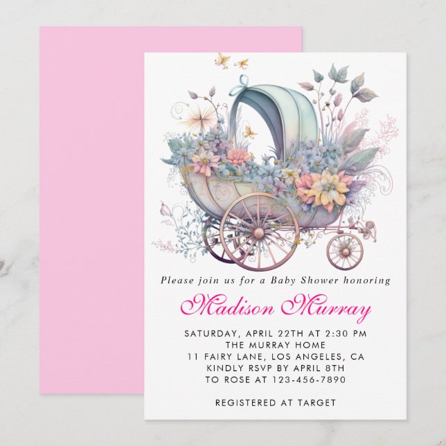 Invitation Fuchsia rose floral buggy poussette Baby Shower (Devant / Derrière)