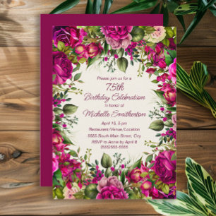 Invitation Fuchsia Rose Floral Feuilles Vertes 75e Anniversai