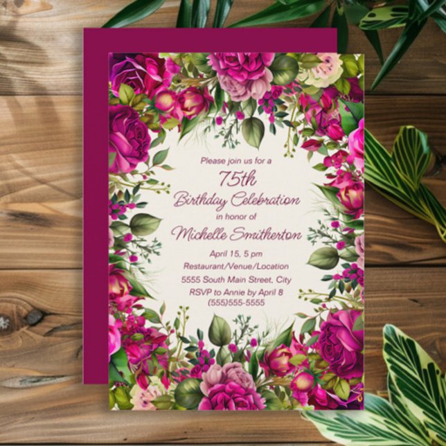 Invitation Fuchsia Rose Floral Feuilles Vertes 75e Anniversai (Fuchsia and pink watercolor floral 75th birthday party invitation)