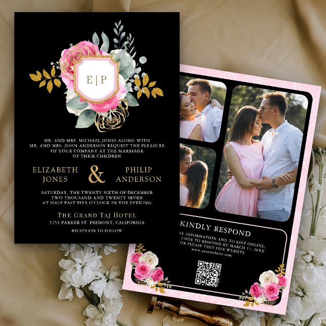 Invitation Fuchsia rose Floral QR Code Black Crest Mariage (Créateur téléchargé)