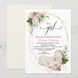 Invitation Fuchsia Rose Ivoire Or Baby Shower Aquarelle