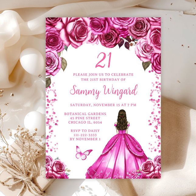 Invitation Fuchsia Rose Marron Cheveux Princesse Fête d'anniv (Créateur téléchargé)