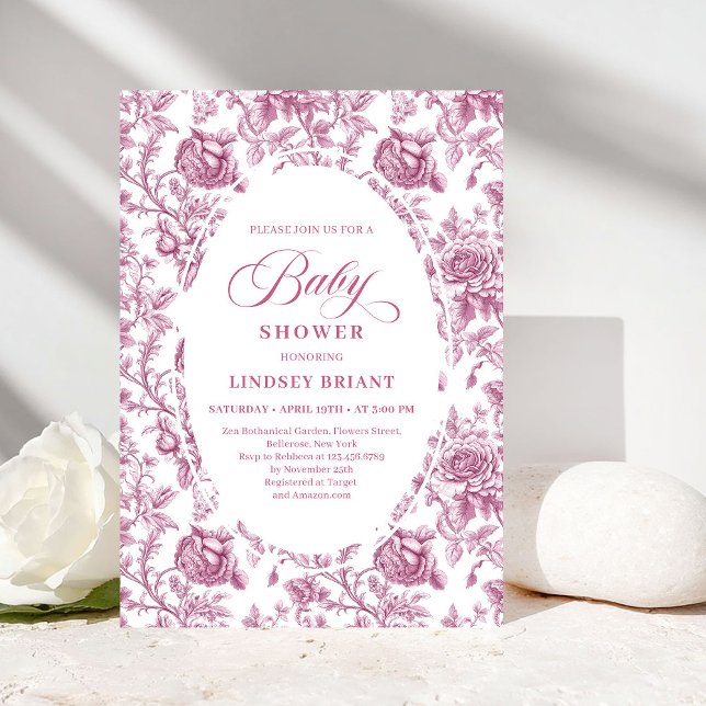 Invitation Fuchsia Rose Motif Floral Bohème Baby Shower (Fuchsia Pink Roses Pattern Floral Baby Shower Invite)
