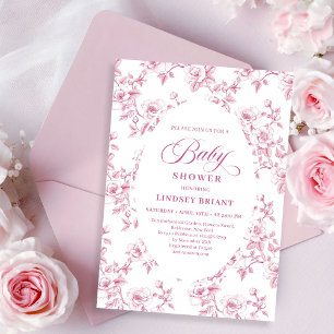 Invitation Fuchsia Rose Motif Toile de Jouy Française Baby Sh