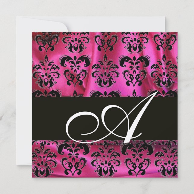 Invitation FUCHSIA ROSE NOIR DAMAS TISSU MONOGRAMME Argent (Devant)