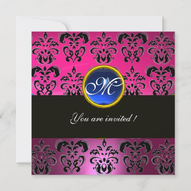 Invitation FUCHSIA ROSE NOIR DAMASK MONOGRAM, saphir bleu (Devant)