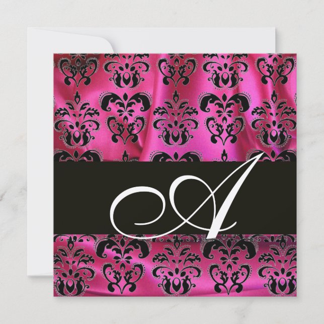 Invitation FUCHSIA ROSE NOIR DAMASK VÊTEMENT MONOGRAMME Champ (Devant)