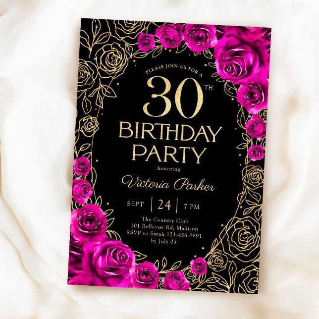 Invitation Fuchsia rose noir et or pour 30e anniversaire flor (Créateur téléchargé)