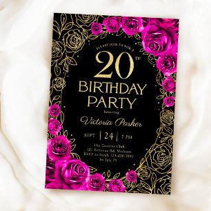 Invitation Fuchsia rose noir et or pour les 20 ans