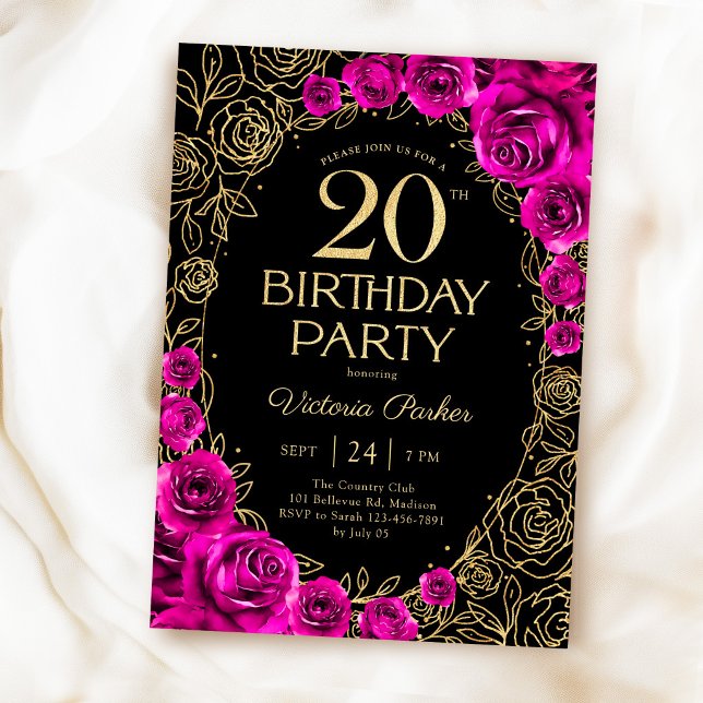 Invitation Fuchsia rose noir et or pour les 20 ans (Créateur téléchargé)