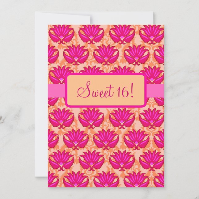 Invitation Fuchsia rose orange Damask Sweet 16 Anniversaire (Devant)
